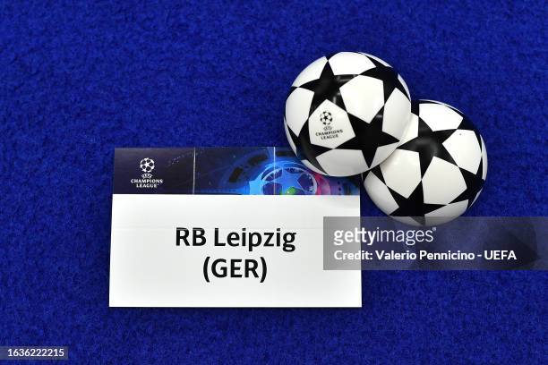 Detailed view of the draw card of RB Leipzig ahead of the UEFA Champions League 2023/24 Group Stage Draw at Grimaldi Forum on August 31, 2023 in...