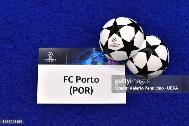 Detailed view of the draw card of FC Porto ahead of the UEFA Champions League 2023/24 Group Stage Draw at Grimaldi Forum on August 31, 2023 in...