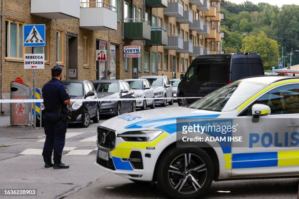 Police is seen at the site of an explosion in Olskroken in Gothenburg, Sweden, August 31, 2023. Bomb squad experts have been called in after Swedish...