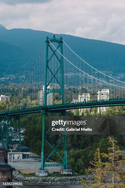 pov of lions gate bridge in vancouver - vancouver lions gate stockfoto's en -beelden