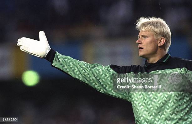 Denmark goalkeeper Peter Schmeichel indicates to his team mates during the European Championship match against Sweden at the Rasunda Stadium in...