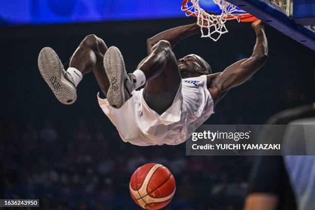 Cape Verde's Anderson Correia dunks the ball during the FIBA Basketball World Cup Group O match between Cape Verde and Finland at Okinawa Arena in...