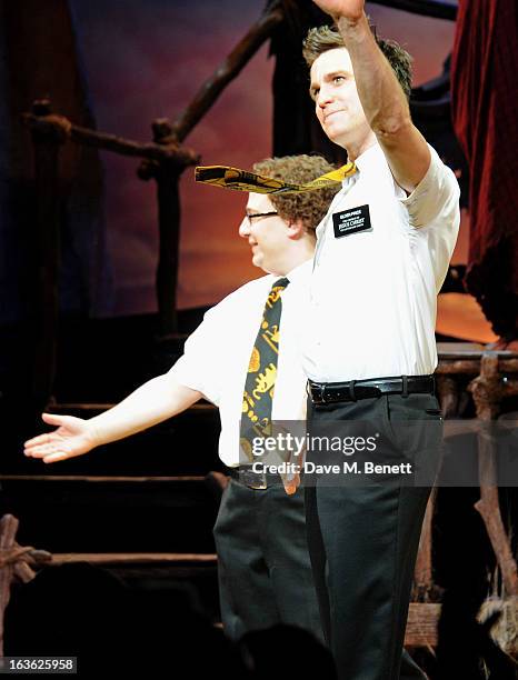 Cast members Jared Gertner and Gavin Creel bow at the curtain call during a gala performance of 'The Book Of Mormon' in aid of Red Nose Day at the...