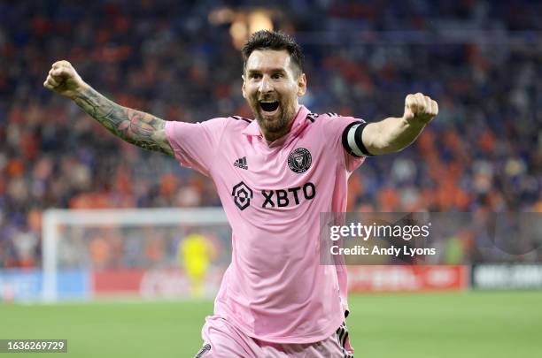 Lionel Messi of Inter Miami CF against FC Cincinnati in the semi-finals of the 2023 U.S. Open Cup at TQL Stadium on August 23, 2023 in Cincinnati,...