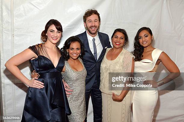 Actors Shari Sebbens, Miranda Tapsell, Chris O' Dowd, Deborah Mailman, and Jessica Mauboy attend "The Sapphires" screening at The Paris Theatre on...