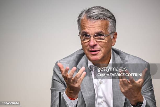 Chief executive Sergio Ermotti speaks during a press conference on the first results of the Swiss giant banking UBS since it's Credit Suisse merger...