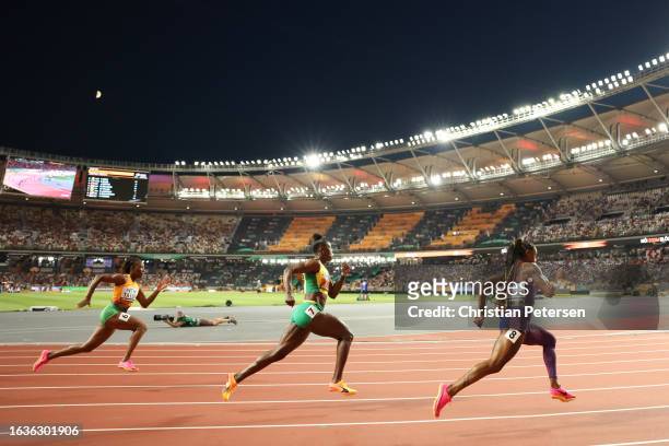Marie-Josee Ta Lou of Team Ivory Coast, Shericka Jackson of Team Jamaica and Sha'Carri Richardson of Team United States compete in the Women's 200m...