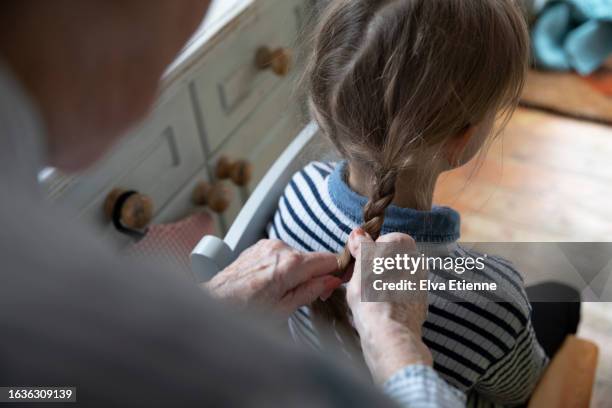 over the shoulder view of grandmother with arthritic hands, braiding a little girl's brown hair in a domestic setting. - alpha female stock pictures, royalty-free photos & images