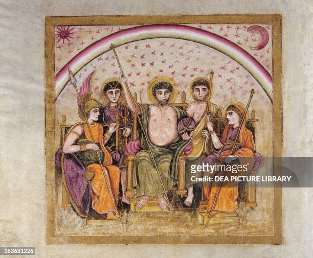 Council of the Gods from the Aeneid, page from the Vergilius Romanus or Roman Virgil , 5th century illuminated manuscript of the works of Virgil....