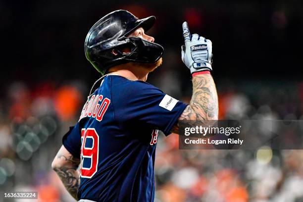 Alex Verdugo of the Boston Red Sox celebrates after hitting a solo home run in the first inning against the Houston Astros at Minute Maid Park on...