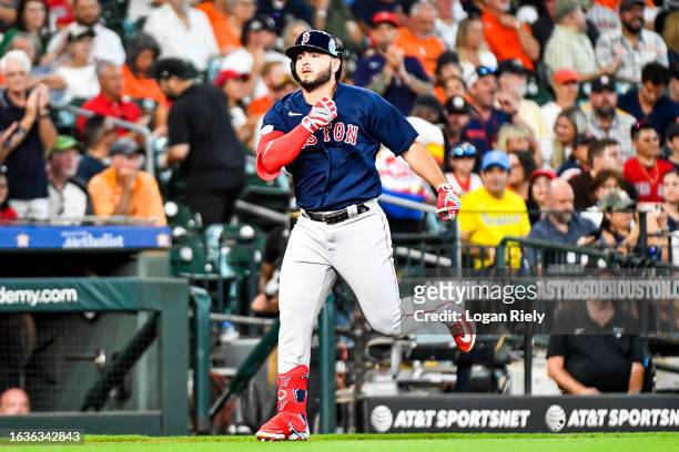 Wilyer Abreu of the Boston Red Sox hits a two-run home run in the second inning against the Houston Astros at Minute Maid Park on August 24, 2023 in...