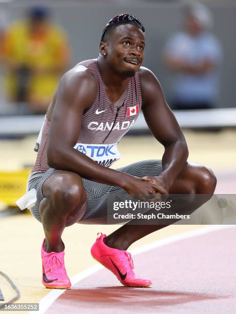 Aaron Brown of Team Canada reacts after competing in the Men's 200m Semi-Final during day six of the World Athletics Championships Budapest 2023 at...