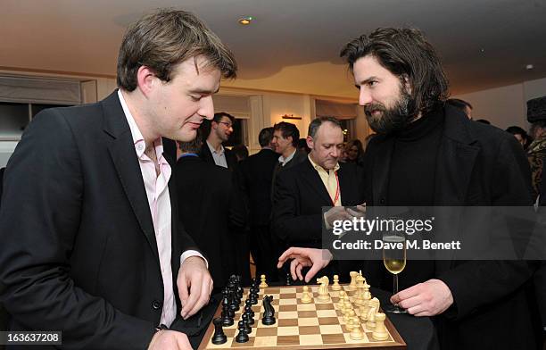 Chess grandmaster Gawain Jones and Jack Guinness attend the launch of the 'Urban Chess' Funding Initiative from East Village at Mortons on March 13,...