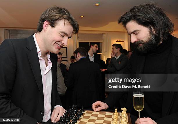 Chess grandmaster Gawain Jones and Jack Guinness attend the launch of the 'Urban Chess' Funding Initiative from East Village at Mortons on March 13,...