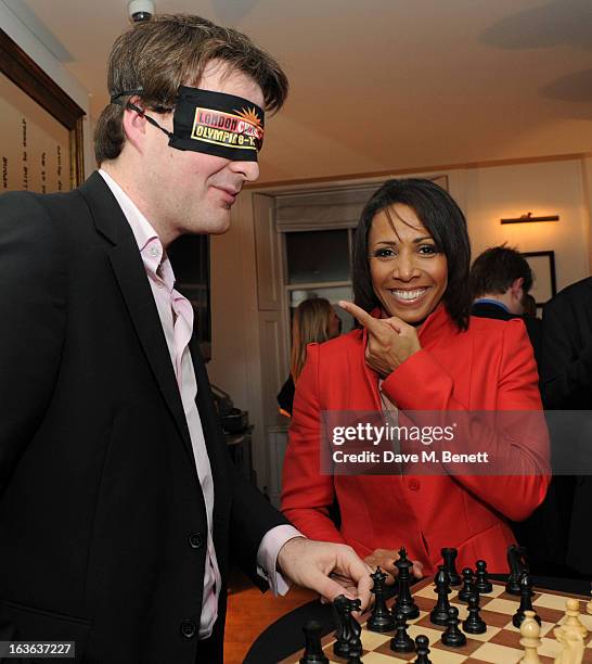 Chess grandmaster Gawain Jones and Dame Kelly Holmes attend the launch of the 'Urban Chess' Funding Initiative from East Village at Mortons on March...