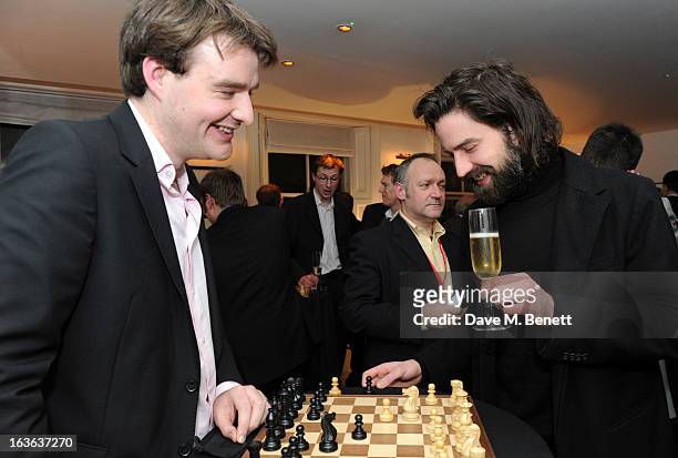 Chess grandmaster Gawain Jones and Jack Guinness attend the launch of the 'Urban Chess' Funding Initiative from East Village at Mortons on March 13,...