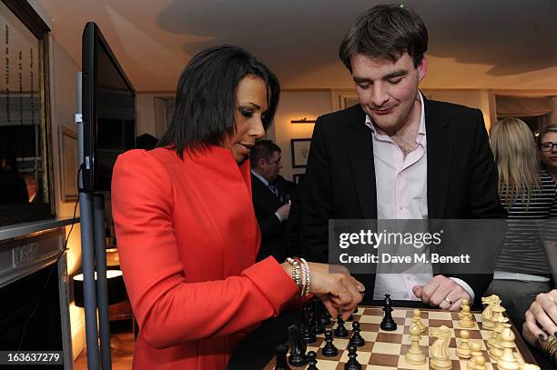 Dame Kelly Holmes and chess grandmaster Gawain Jones attend the launch of the 'Urban Chess' Funding Initiative from East Village at Mortons on March...