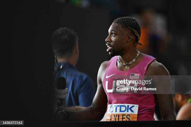 Noah Lyles of Team United States speaks to the media after the Men's 200m Semi-Final during day six of the World Athletics Championships Budapest...