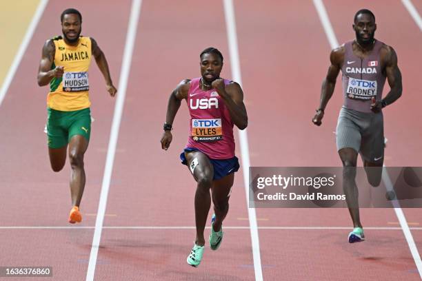 Noah Lyles of Team United States crosses the finish line in the Men's 200m Semi-Final during day six of the World Athletics Championships Budapest...