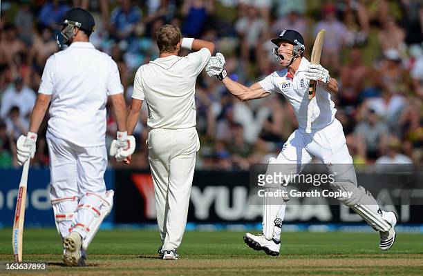 Nick Compton of England celebrates reaching his century during day one of the 2nd Test match between New Zealand and England at Basin Reserve on...