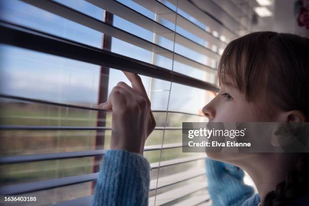 child peering through window blinds across a rural view from a bedroom window in springtime. - alpha female stock pictures, royalty-free photos & images
