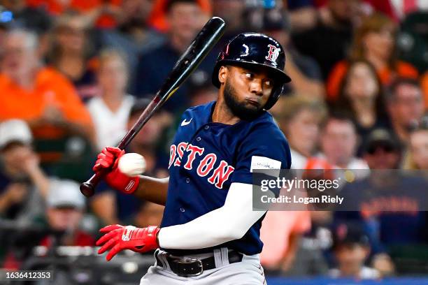 Pablo Reyes of the Boston Red Sox narrowly misses a pitch in the third inning against the Houston Astros at Minute Maid Park on August 24, 2023 in...