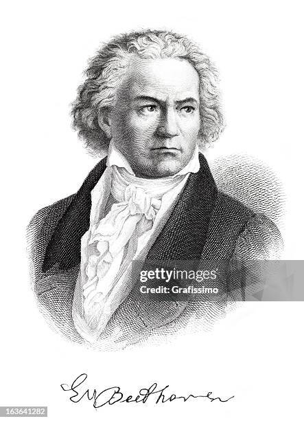 engraving of composer ludwig van beethoven with signature from 1882 - beethoven stock illustrations