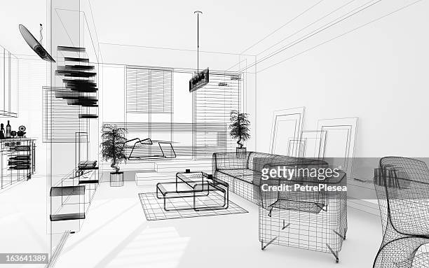 wireframe 3d modern interior. blueprint. render image. architecture abstract. - wireframe bildbanksfoton och bilder