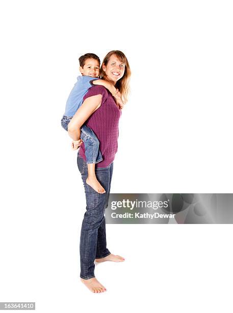 mother carrying her son piggy back - mother on white background stock pictures, royalty-free photos & images