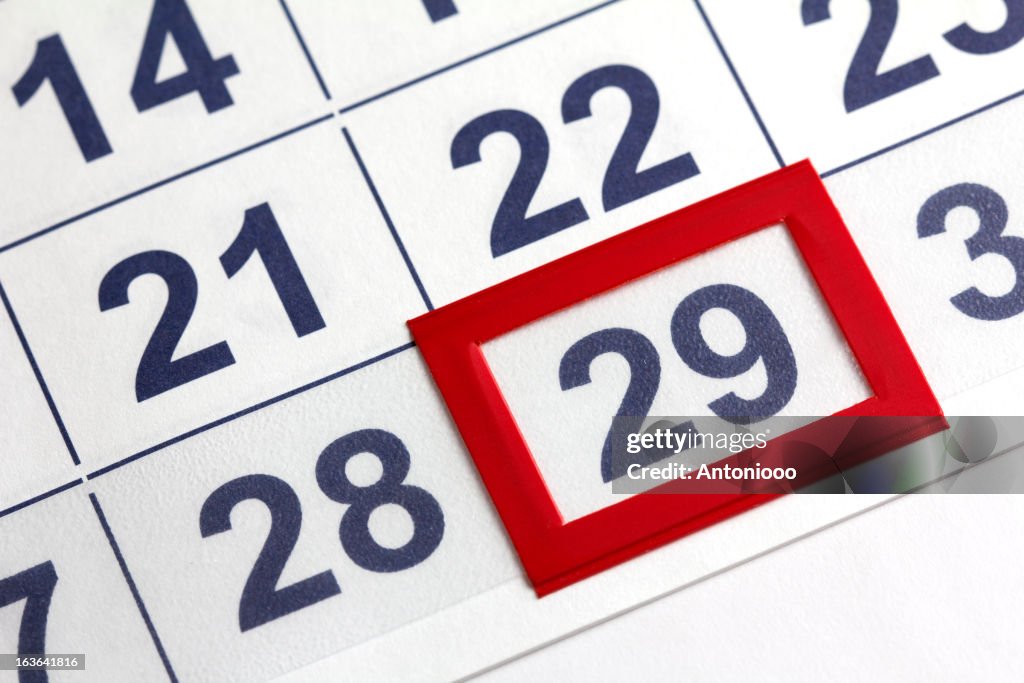 Close-up picture of a calendar with 29 enclosed in red