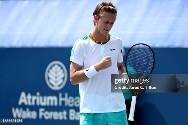 Sebastian Korda of the United States reacts following a point against Richard Gasquet of France during their quarterfinals match of the Winston-Salem...