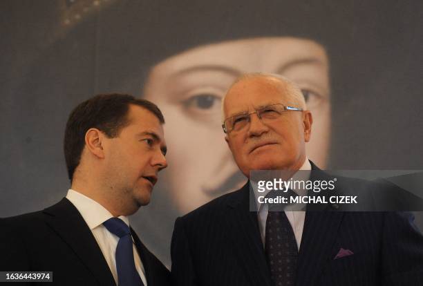 Czech President Vaclav Klaus listens to Russian President Dmitry Medvedev during the opening ceremony of the "Tsar's court under the sceptre of...