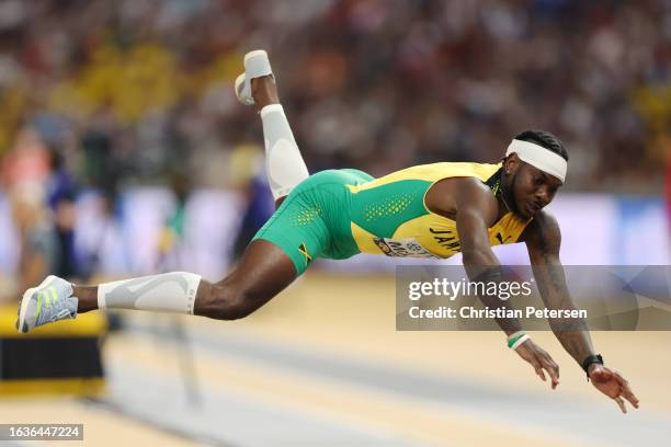 Carey McLeod of Team Jamaica falls in the Men's Long Jump Final during day six of the World Athletics Championships Budapest 2023 at National...