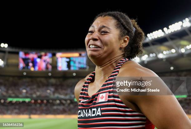 Camryn Rogers of Team Canada reacts after winning the Women's Hammer Throw Final during day six of the World Athletics Championships Budapest 2023 at...