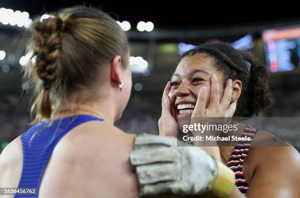 Anna Purchase of Team Great Britain and Camryn Rogers of Team Canada react after competing in the Women's Hammer Throw Final during day six of the...