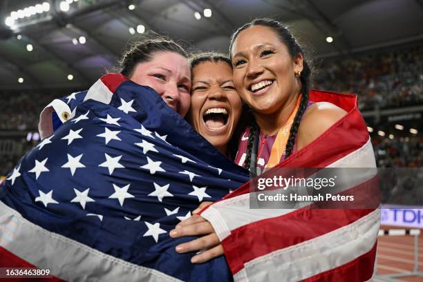 Bronze medalist Deanna Price of Team United States, gold medalist Camryn Rogers of Team Canada and silver medalist Janee' Kassanavoid of Team United...