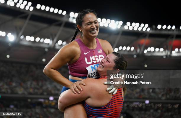 Gold medalist Camryn Rogers of Team Canada reacts after competing in the Women's Hammer Throw Final during day six of the World Athletics...