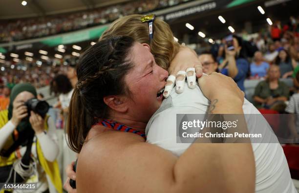 Bronze medalist Deanna Price of Team United States reacts after competing in the Women's Hammer Throw Final during day six of the World Athletics...