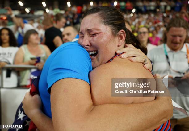 Bronze medalist Deanna Price of Team United States reacts after competing in the Women's Hammer Throw Final during day six of the World Athletics...