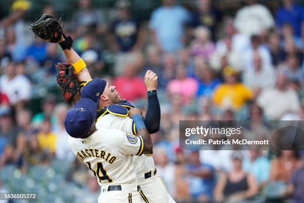 Victor Caratini of the Milwaukee Brewers catches ball hit by Royce Lewis of the Minnesota Twins in the first inning at American Family Field on...