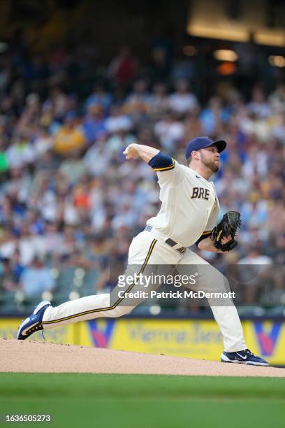 Corbin Burnes of the Milwaukee Brewers pitches in the first inning against the Minnesota Twins at American Family Field on August 23, 2023 in...