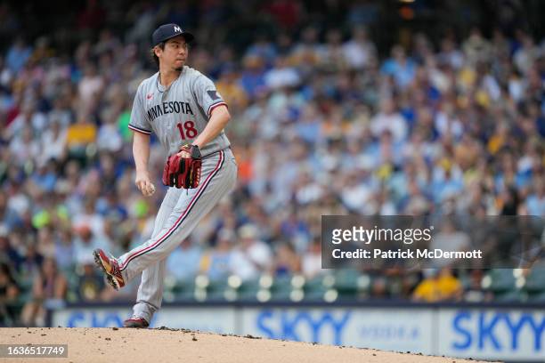 Kenta Maeda of the Minnesota Twins pitches in the first inning against the Milwaukee Brewers at American Family Field on August 23, 2023 in...