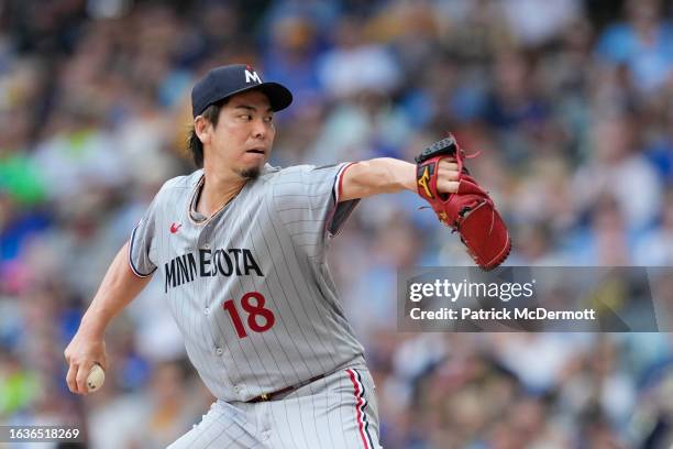 Kenta Maeda of the Minnesota Twins pitches in the first inning against the Milwaukee Brewers at American Family Field on August 23, 2023 in...