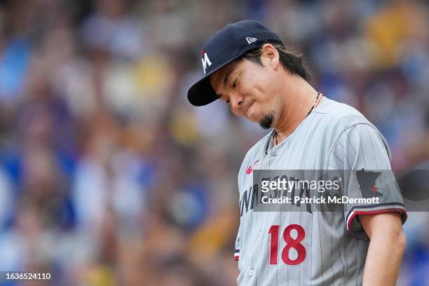 Kenta Maeda of the Minnesota Twins reacts in the first inning against the Milwaukee Brewers at American Family Field on August 23, 2023 in Milwaukee,...