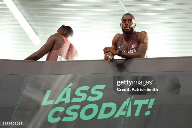 Aaron Brown of Team Canada looks on after the Men's 200m Semi-Final during day six of the World Athletics Championships Budapest 2023 at National...