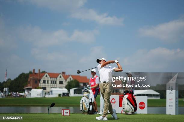 Collin Morikawa of the United States plays his shot from the 16th tee during the first round of the TOUR Championship at East Lake Golf Club on...