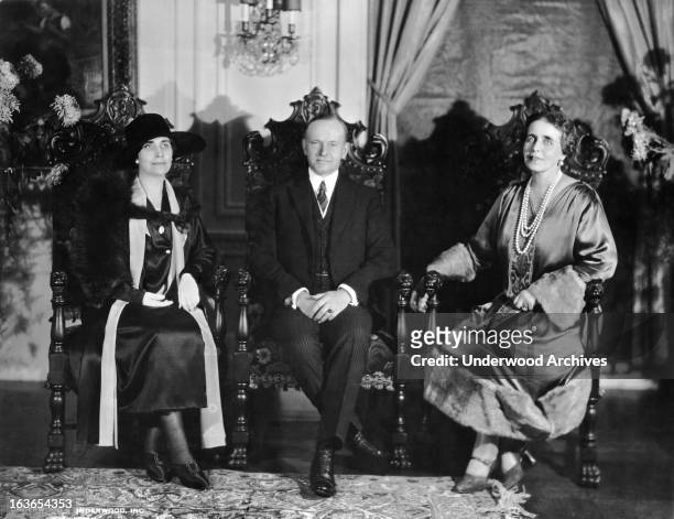 Portrait of President and Mrs Coolidge and visiting royalty to America, Queen Marie of Romania, Washington DC, October 19, 1926. The photograph was...