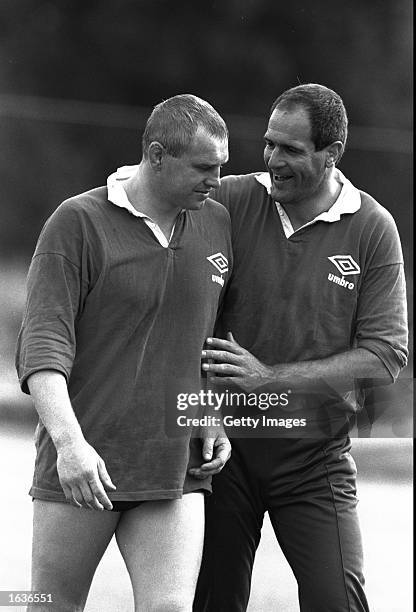 Dean Richards and Paul Ackford of the British Lions chat during a training session the British Lions tour to Australia. \ Mandatory Credit: Allsport...