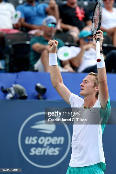 Sebastian Korda of the United States reacts after defeating Richard Gasquet of France during their quarterfinals match of the Winston-Salem Open at...
