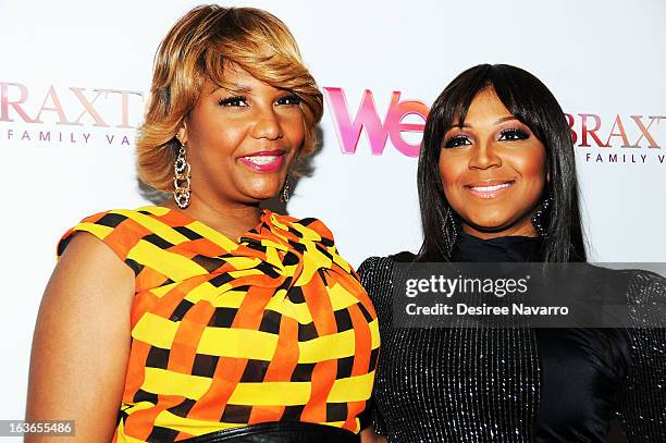 Traci Braxton and Trina Braxton attend the "Braxton Family Values" Season Three premiere party at STK Rooftop on March 13, 2013 in New York City.